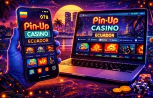 aplicación móvil de PinUp Casino y su versión web en Ecuador, mostrando el casino online en smartphone y ordenador con diseño moderno y ambiente digital atractivo