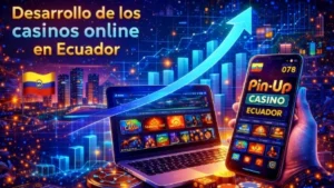 Ilustración que representa el crecimiento de los casinos online en Ecuador, mostrando tecnología digital, juegos de casino y la evolución del entretenimiento online en el país